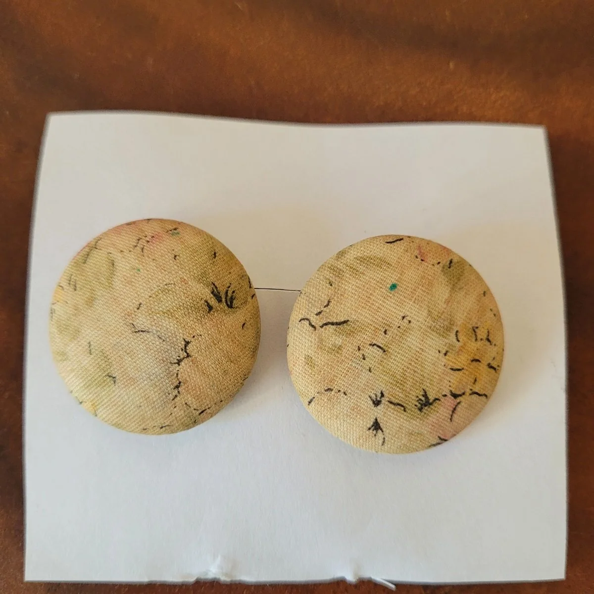 1980's Cottagecore Watercolor Abstract Floral Fabric Wrapped Round Button 1.25 Inch Clip-on Earrings