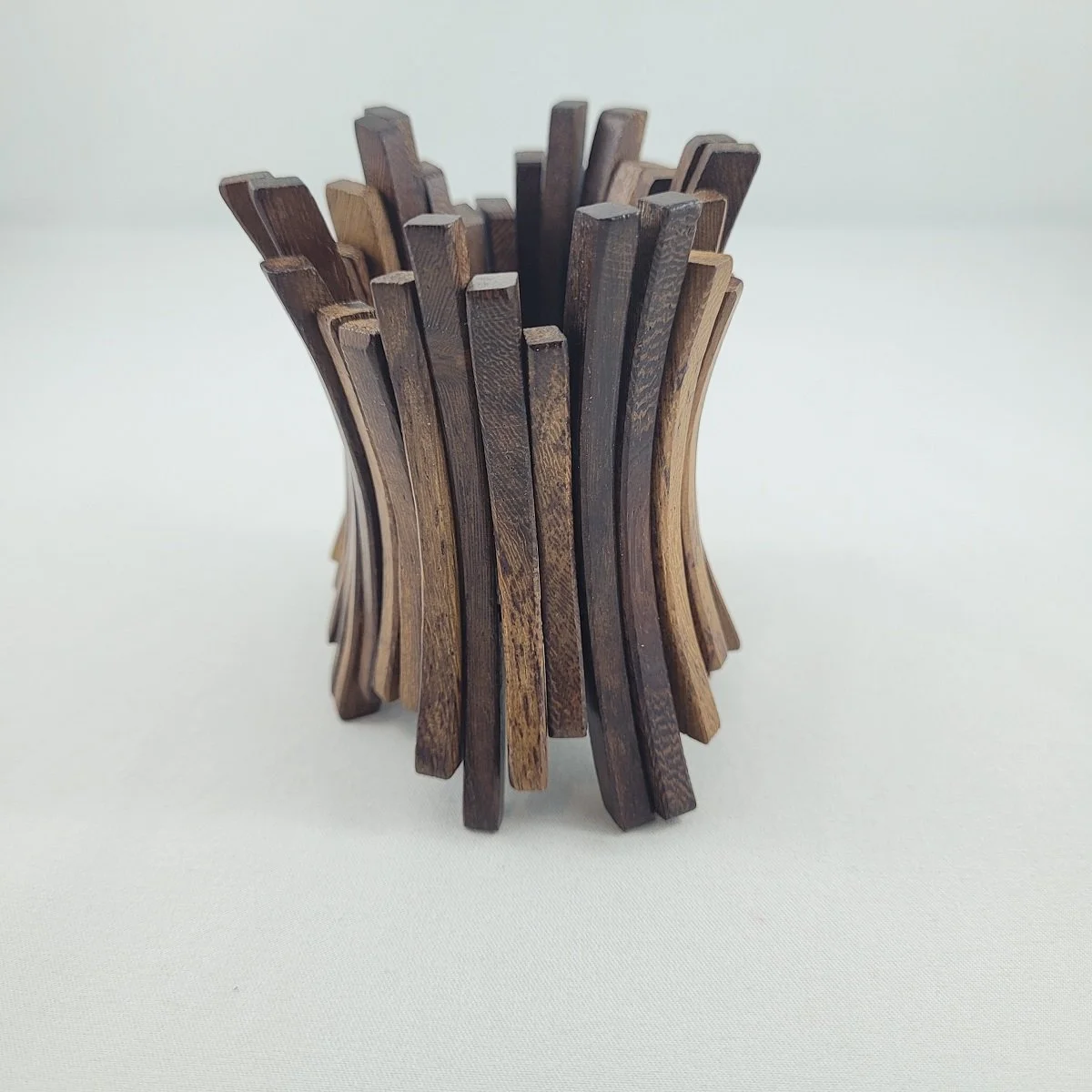 Avant-Garde Curved Natural Wood Vertical Panel Stretch Elasticized Wide Bracelet Front View