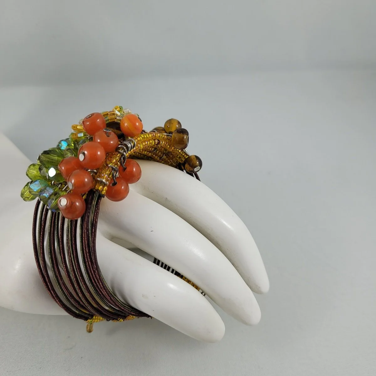 Haskell Hess Inspired Multi Strand Memory Wire Autumn Theme Glass Bead Cluster Leaf Drops Open Cuff Wrap Bracelet -5.jpg