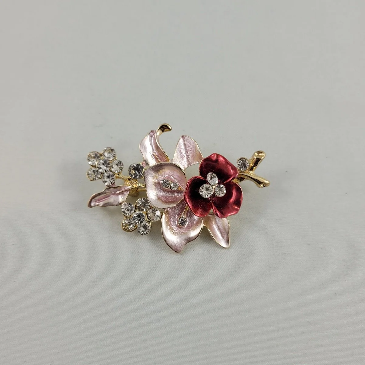 Satin Matte Pink Fuchsia Enamel Crystal Rhinestone Gold Plate 2.25 Inch Calla Lily Flower Pendant Brooch.jpg