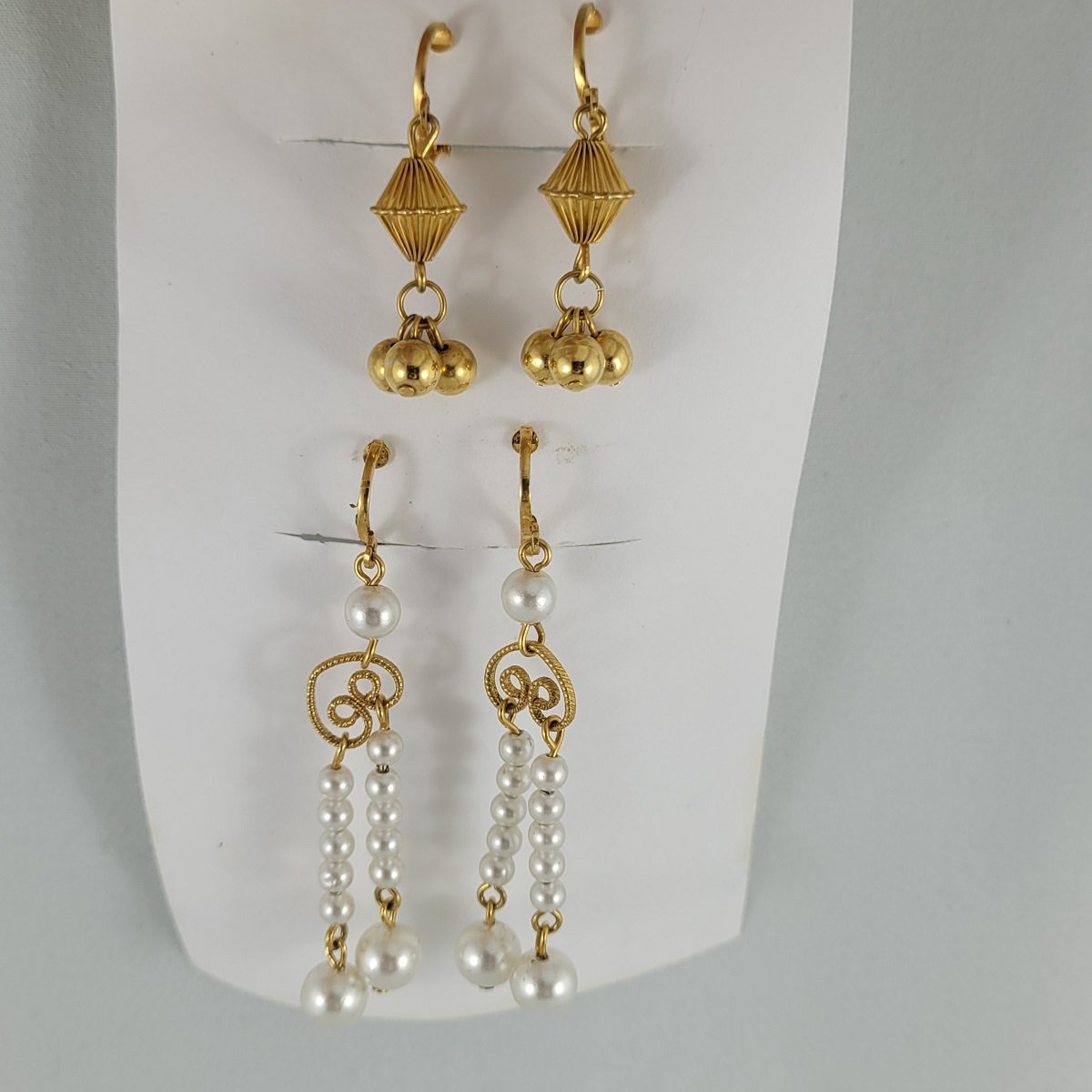 Two Pairs - 1950's Gold Bicone Triple Bead Drop and Textured Scroll Heart Double Pearl Dangle Clip-on Earrings