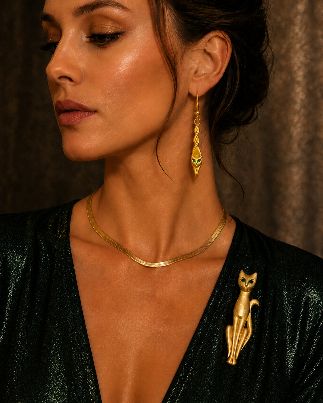 AJC American Jewelry Chain Modernist Cat Demi-Parure Satin Gold-Tone Brooch Earrings Set - Model.png