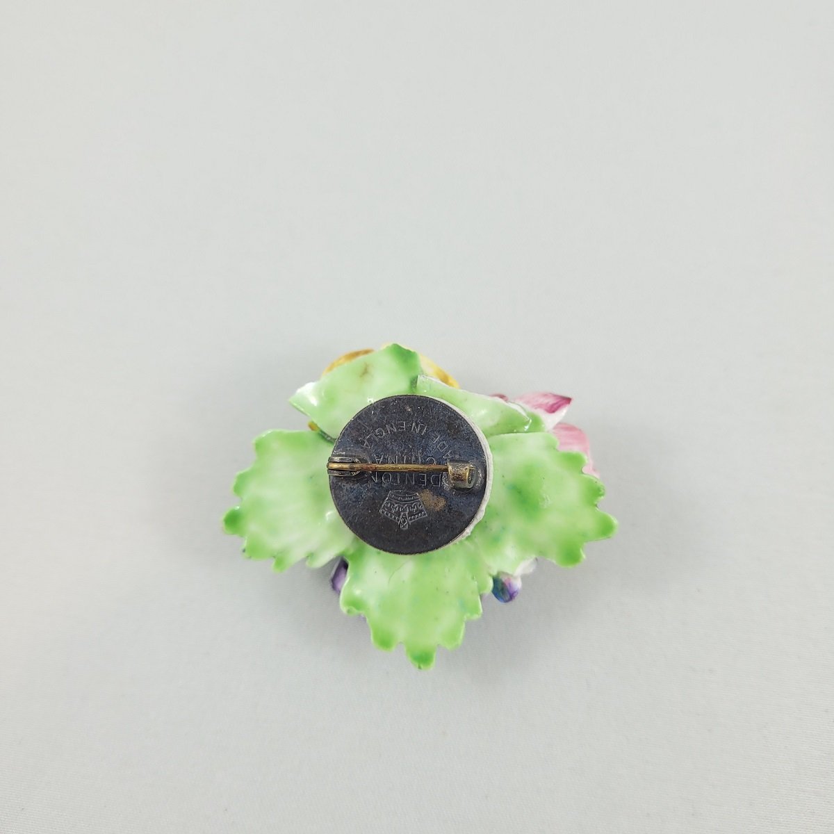 Denton Bone China 1950's Glazed Porcelain Triple Anemone Forget me Not Flower 2 Inch Brooch Made in England Backside