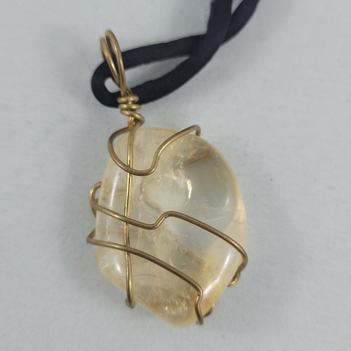 Brass Wire Wrapped Polished Genuine Quartz Stone 1.75 Inch Pendant Satin Black Corded Necklace Front Side