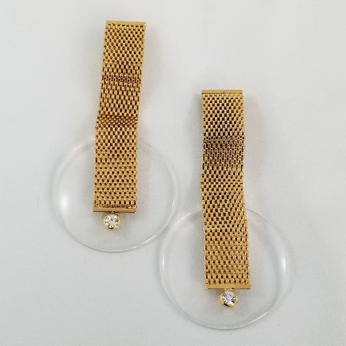 Postmodern Glam Woven Gold Flat Mesh Chainmaille Clear Lucite Disc Crystal Rhinestone Statement Clip-on Earrings -1.jpg (Copy)