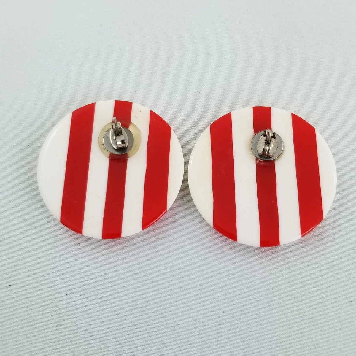 François Schoenlaub for Guillemette L'Hoir Paris 'Bauhaus Stripes' Red White Candy Stripe Laminated Rhodoid Beveled Disc Pierced Earrings -2.jpg