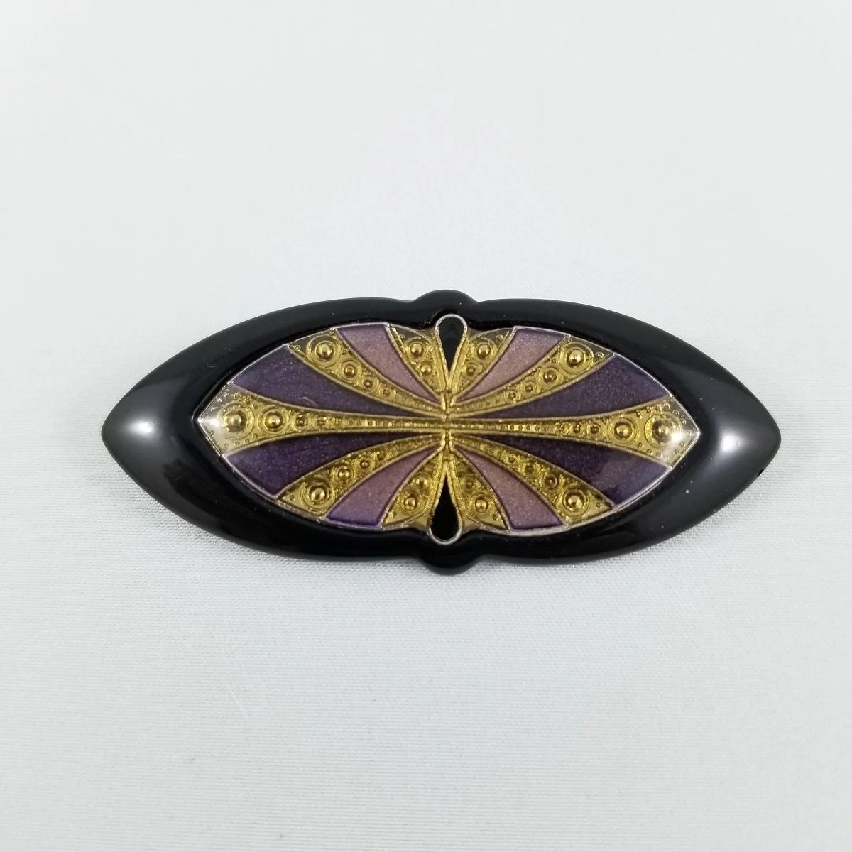 Pierre Bex 1980’s Art Deco “Amethyst Sunburst” Mixed-Media Lucite and Enamel Brooch.jpg