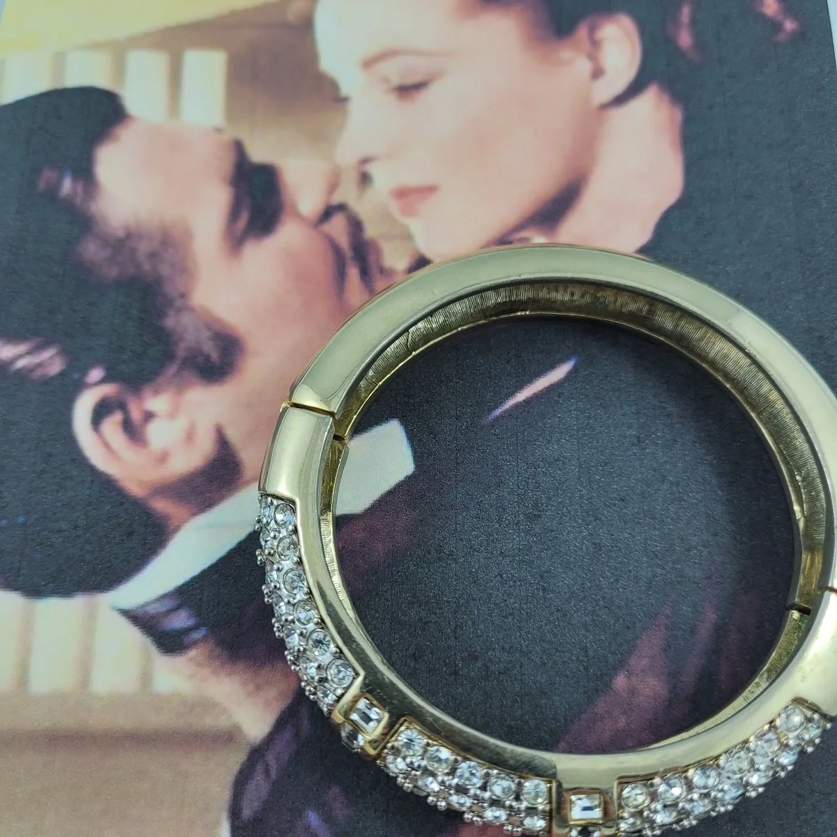 Deco 80's Hefty Polished Gold Paved Diamante Clear Crystal Rhinestone Hinged Tube Bangle Bracelet.jpg