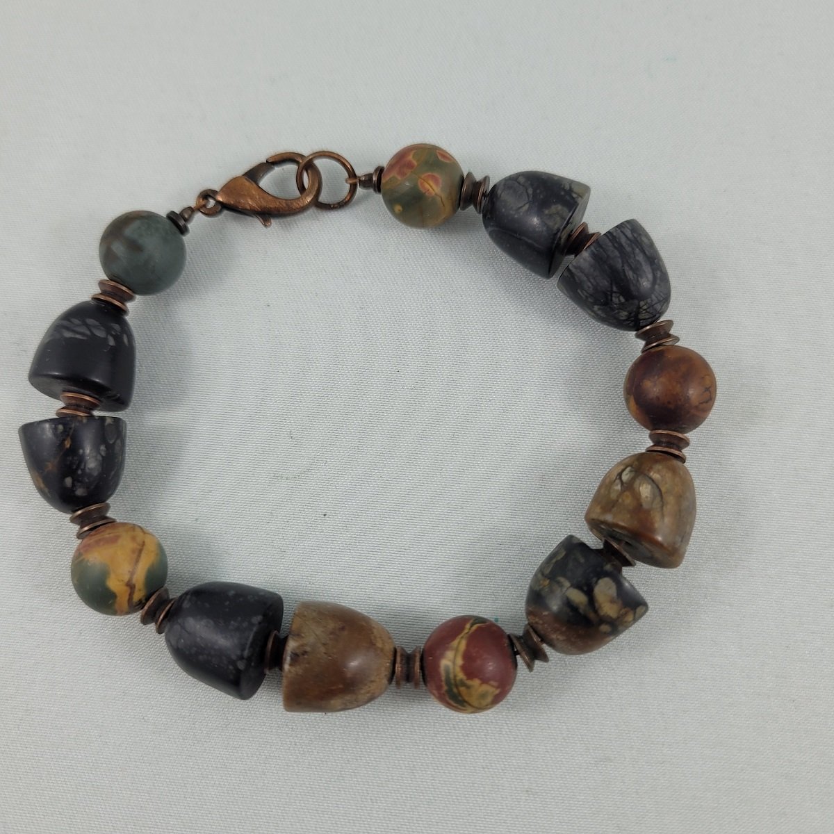 Brutalist Boho Genuine Mixed Jasper Gemstone Drum Cut Chunk Antiqued Copper Clasp Bracelet.jpg (Copy)