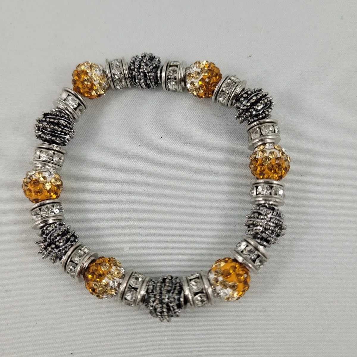 Mixed Texture Antiqued-Silver Orange Crystal Rhinestone Rondelle Berry Bead Elasticized Stretch Bangle Bracelet.jpg