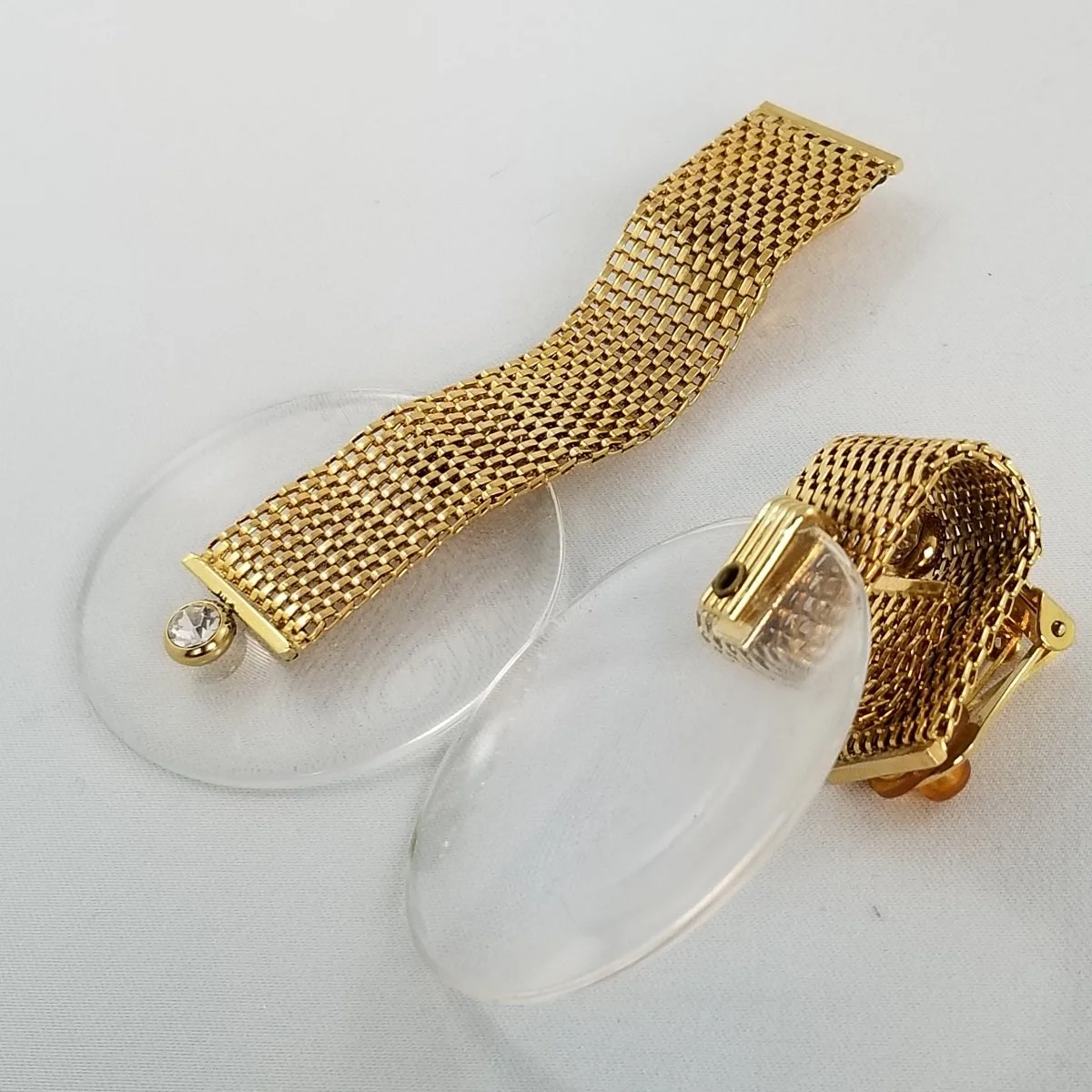 Postmodern Glam Woven Gold Flat Mesh Chainmaille Clear Lucite Disc Crystal Rhinestone Statement Clip-on Earrings -2.jpg (Copy)