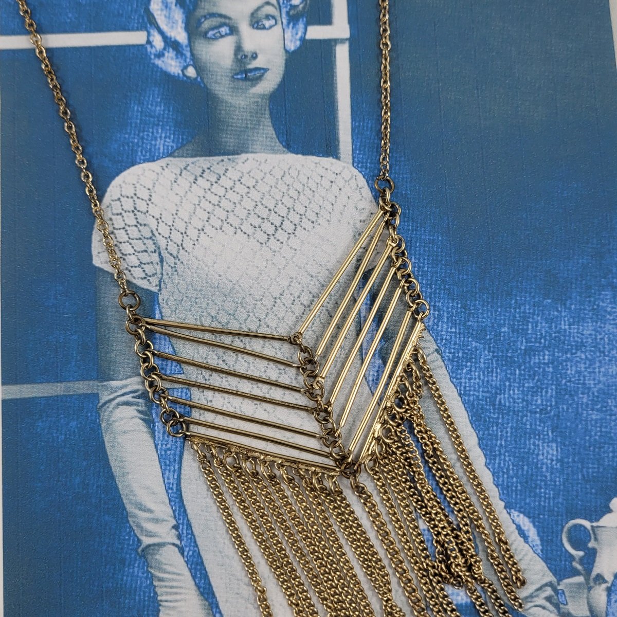 Boho Style 31 Inch Gold Rolo Chain Fringe Opera Necklace Pose
