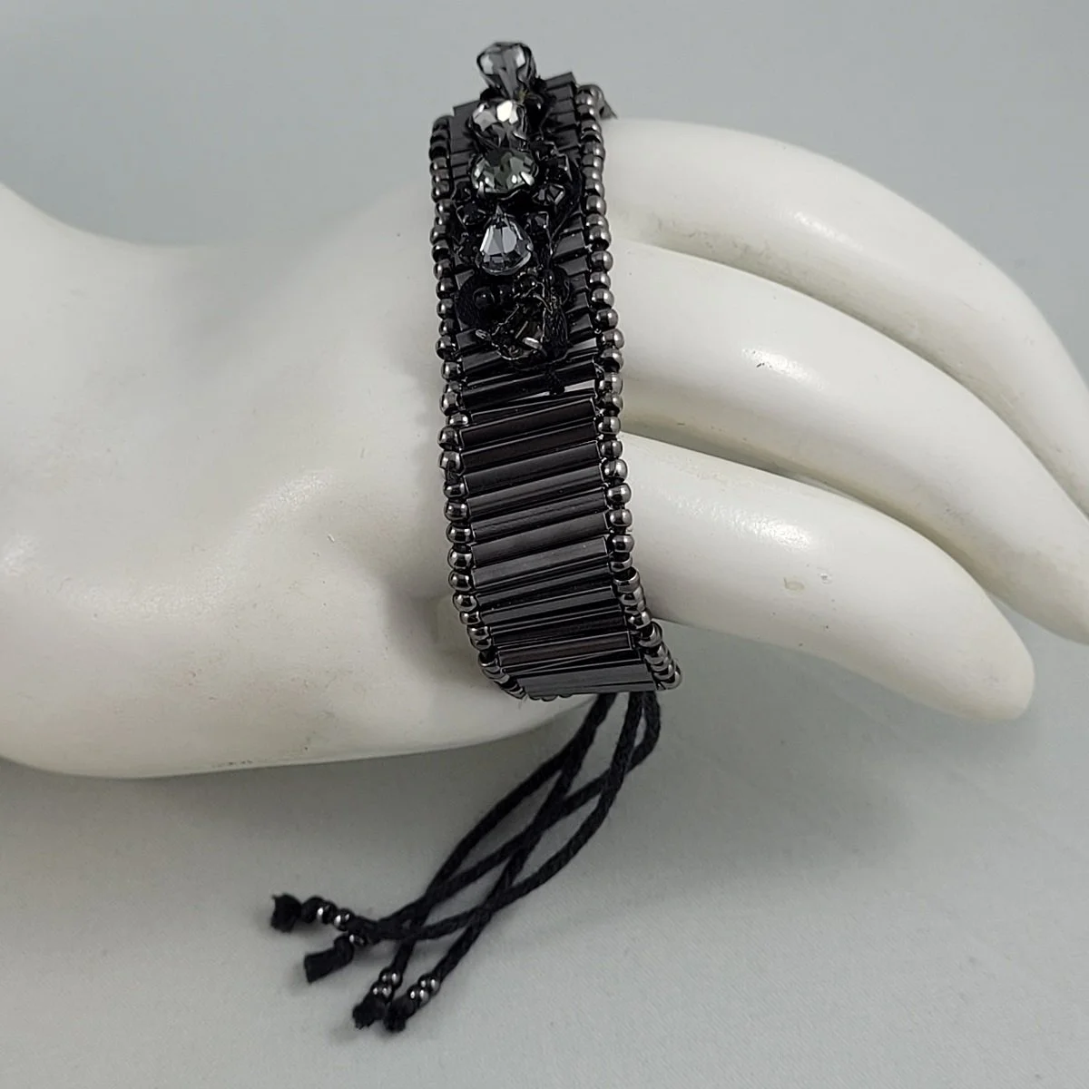 Gun Metal Grey Square Tube Bead Embellished Prong Set Smoke Rhinestone Adjustable Corded Bracelet 2 (Copy)