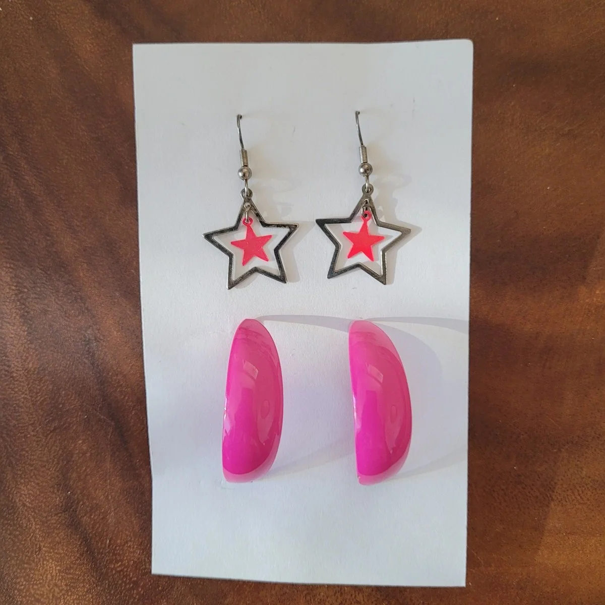 TWO PAIRS - 80's Glam Rock Hot Pink Enameled Copper Half Hoop and Double Star Shepherds Hook Pierced Earrings.jpg