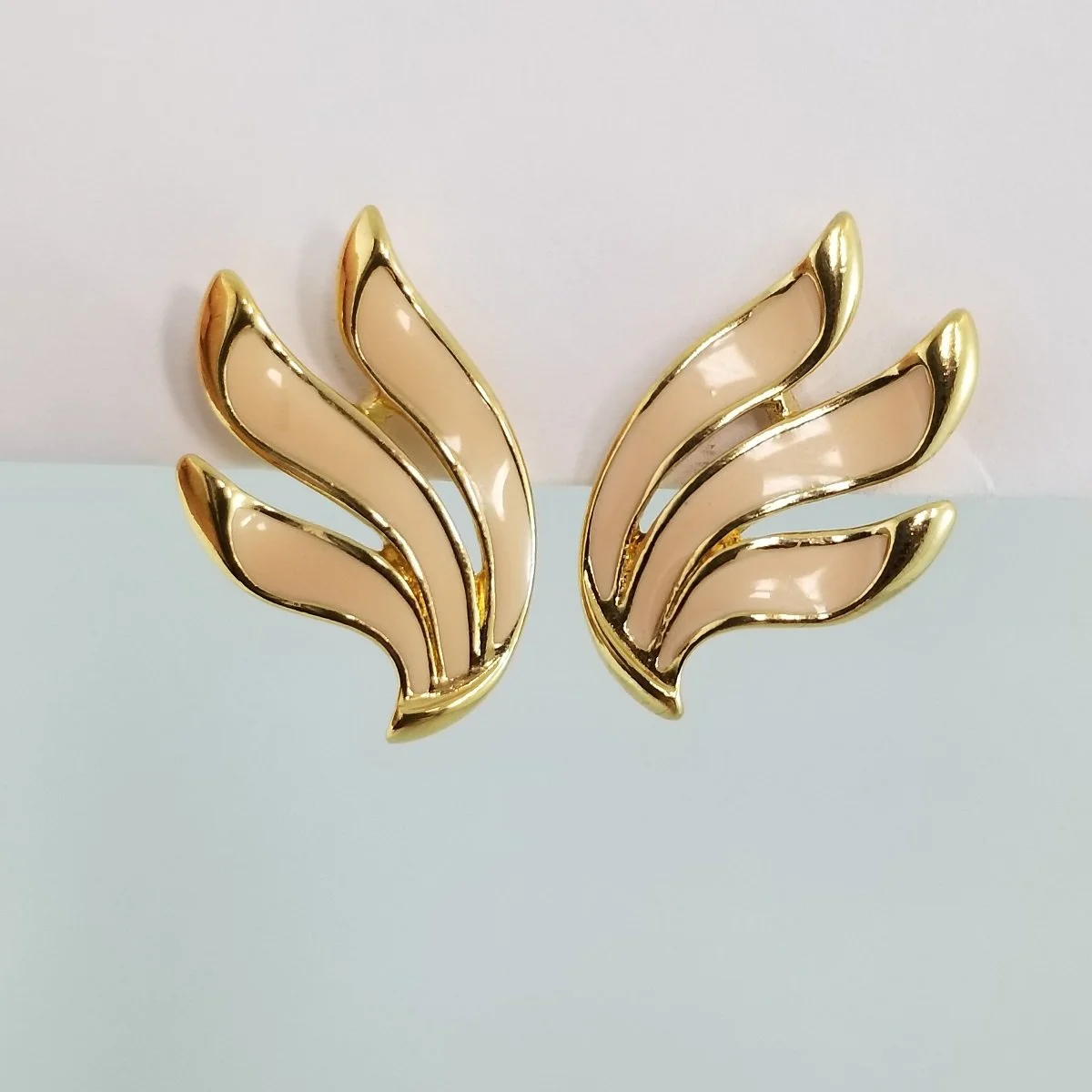 Trifari Pink Enamel Gold-tone Fluid Wing Pierced Earrings -2.jpg