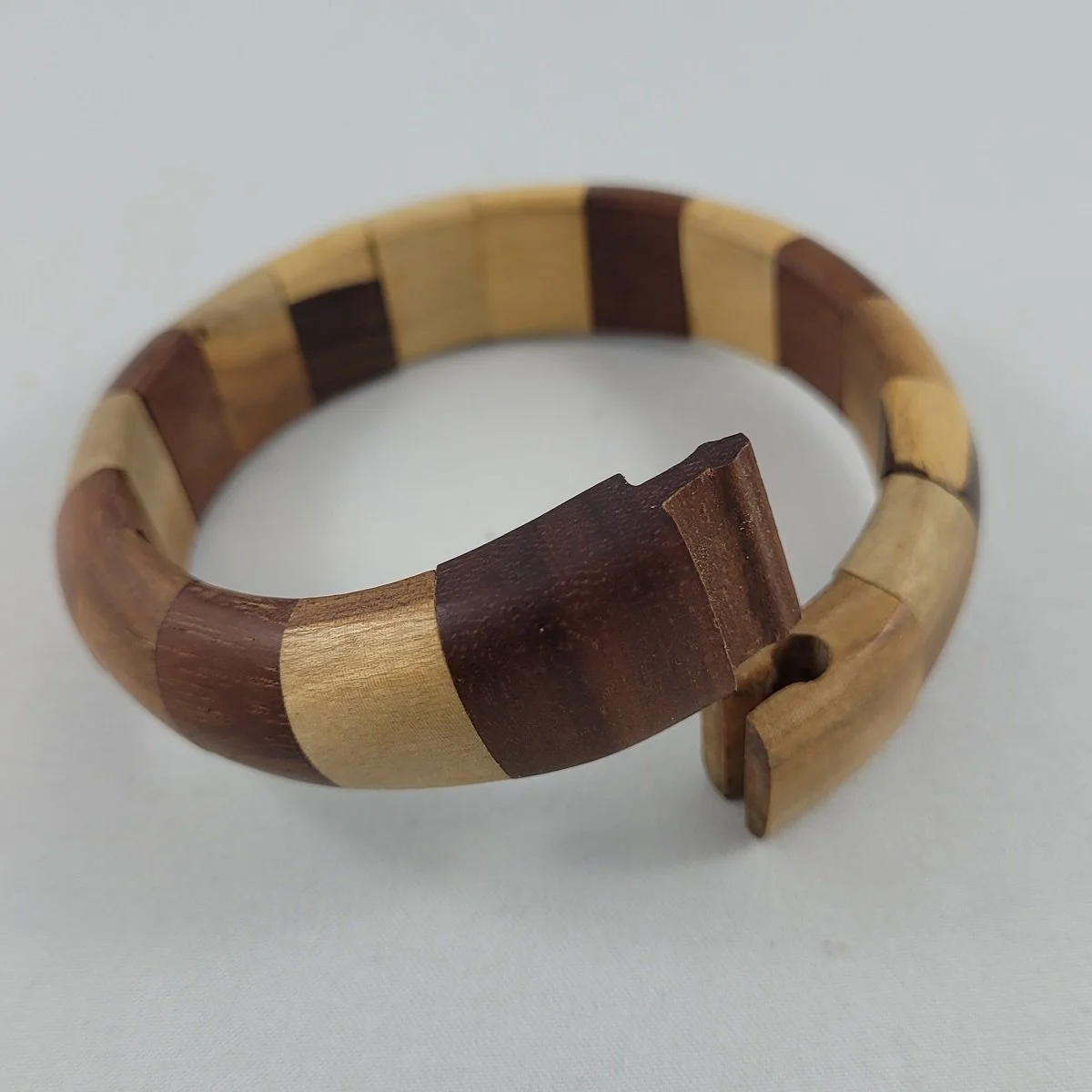Segmented Mahogany Oak Wood Marquetry Puzzle Dovetail Slide Closure .75 Inch Domed Bangle Bracelet -5.jpg
