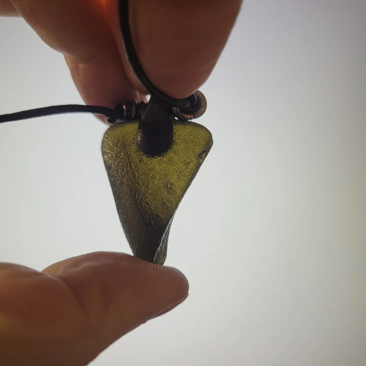 Rough Moldavite Tektite Irregular Shard Triangular Pendant Affixed Clay Bail Adjustable Cord Necklace -6.jpg