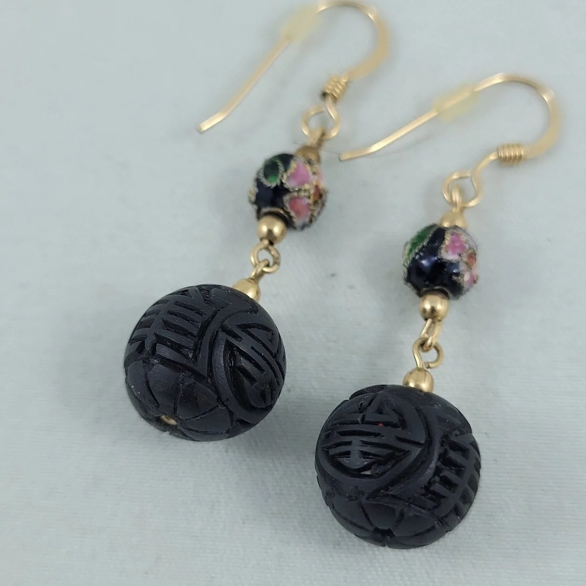 Chinese Traditional Shou Design Carved Black Cinnabar Cloisonne Bead Drop Pierced Earrings -1.jpg
