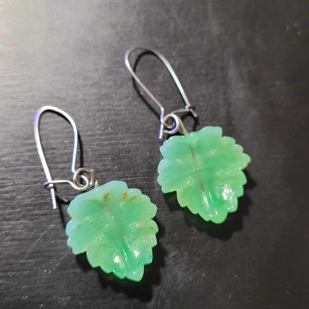 Jadeite Translucent Bright Green Jade Carved Gemstone Maple Leaf 1.25 Inch Pierced Earrings Backside