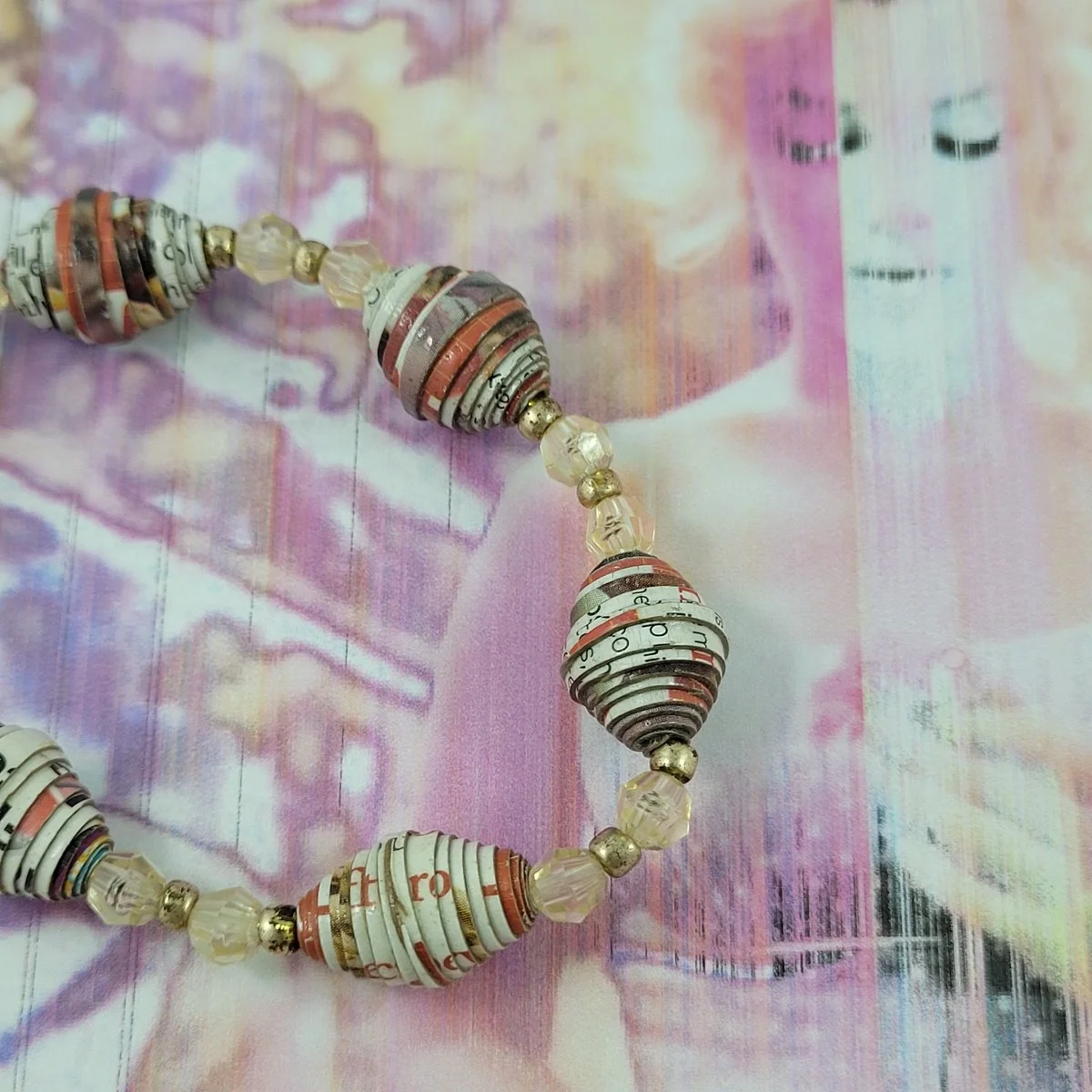 Vintage Magazine Paper Wrap Coated Boho Bead Clear Gold Plastic Beaded Stretch Elasticized Bracelet Pose