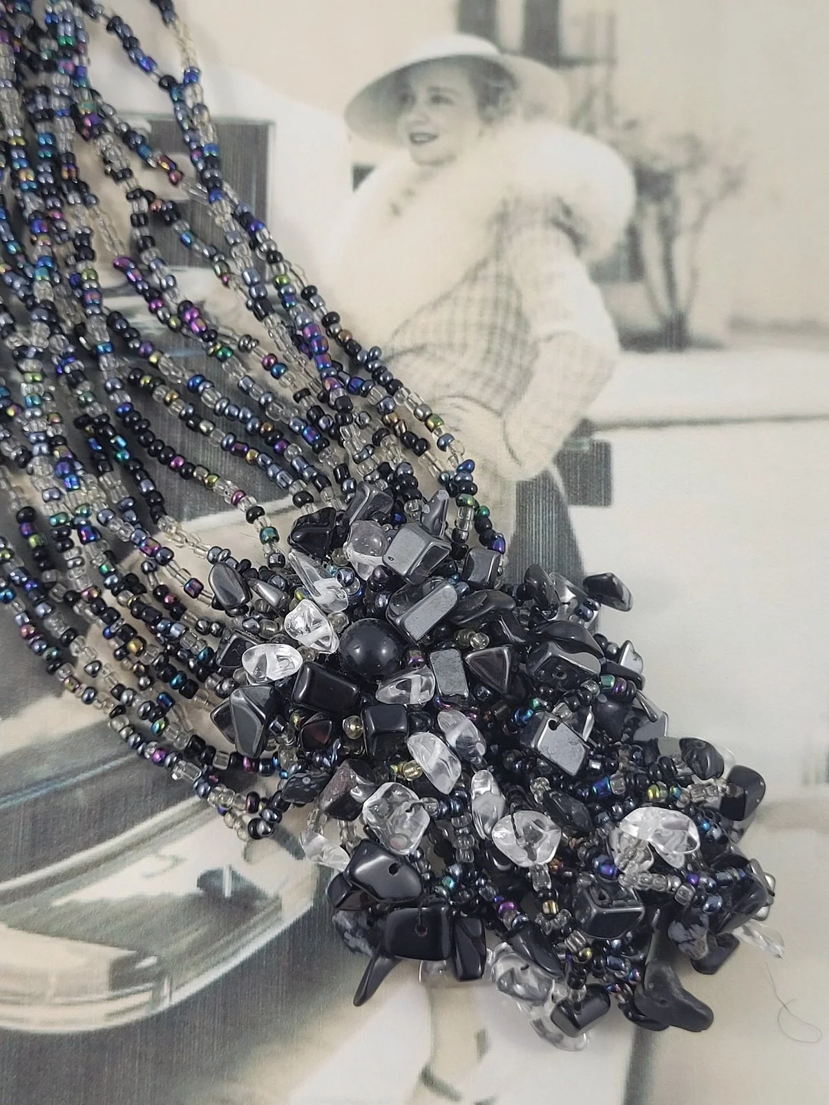 Couture Stanley Hagler Style 1980's Black Onyx and Hematite Multi-Strand Festoon Necklace -1.jpg
