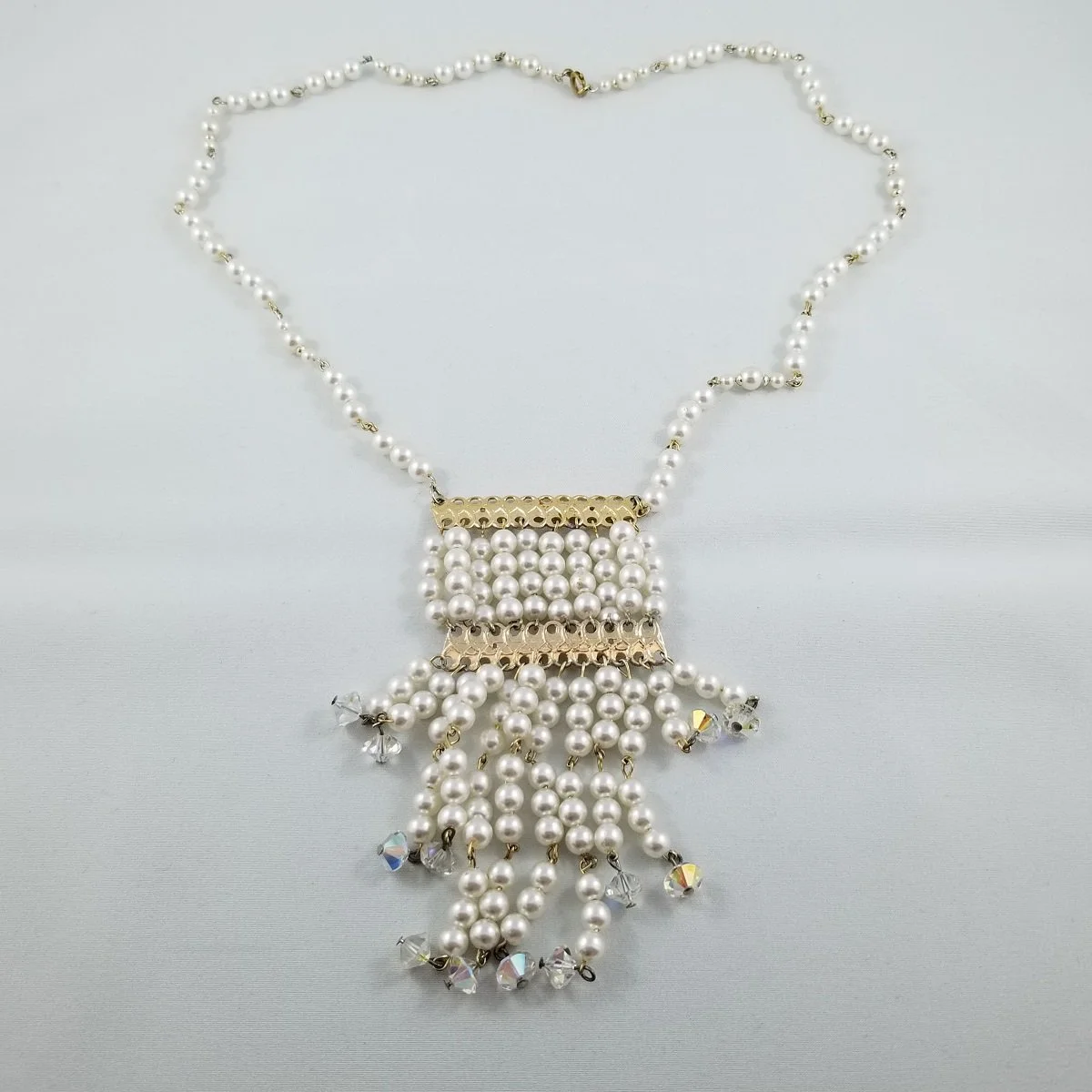 Hollywood Regency Bib Festoon Swarovski AB Pearl Waterfall Necklace -2.jpg