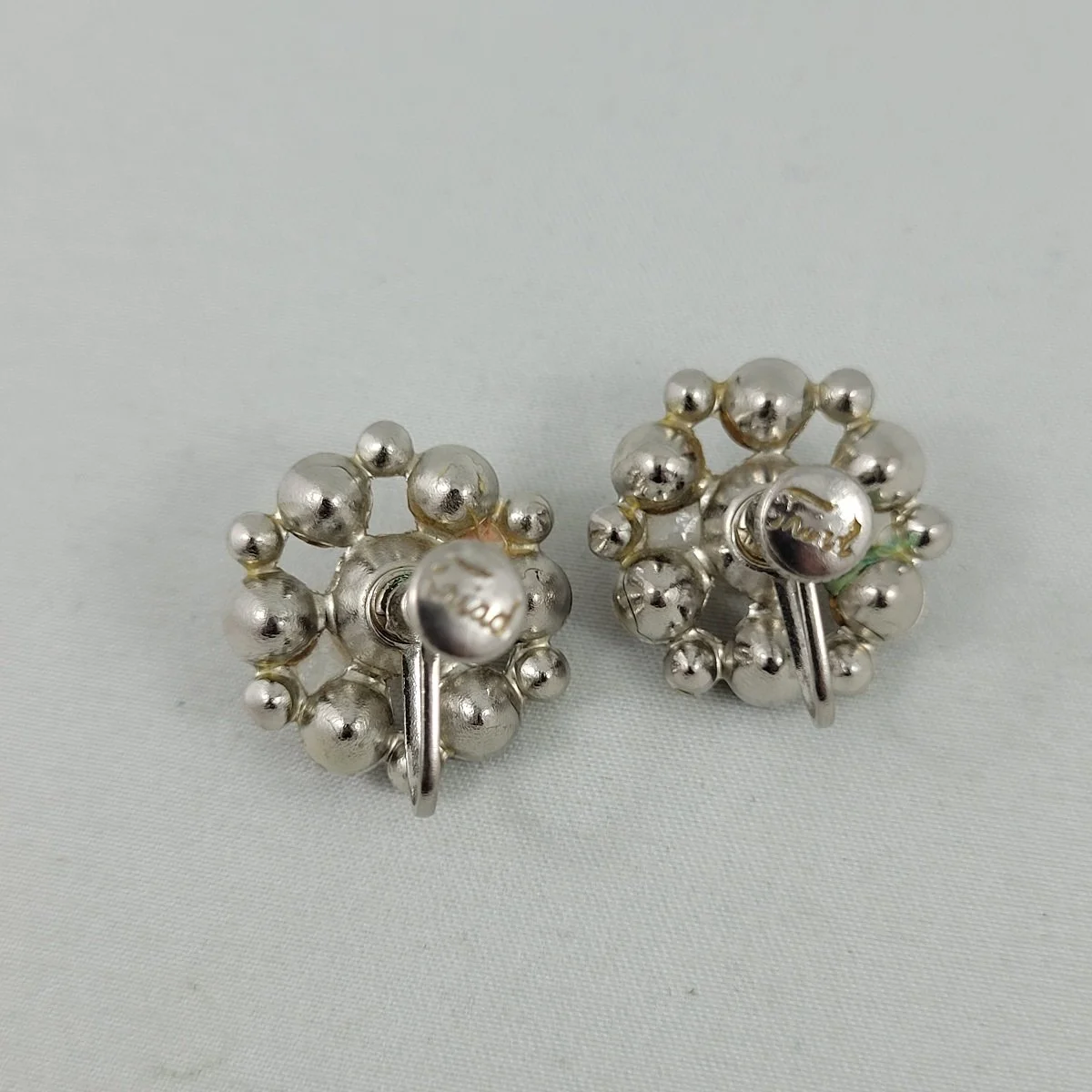 1940's - 1950's Triad Faux Pearl Bead Faceted Amethyst Rhinestone Silver-tone .875 Inch Screw-back Earrings Backside