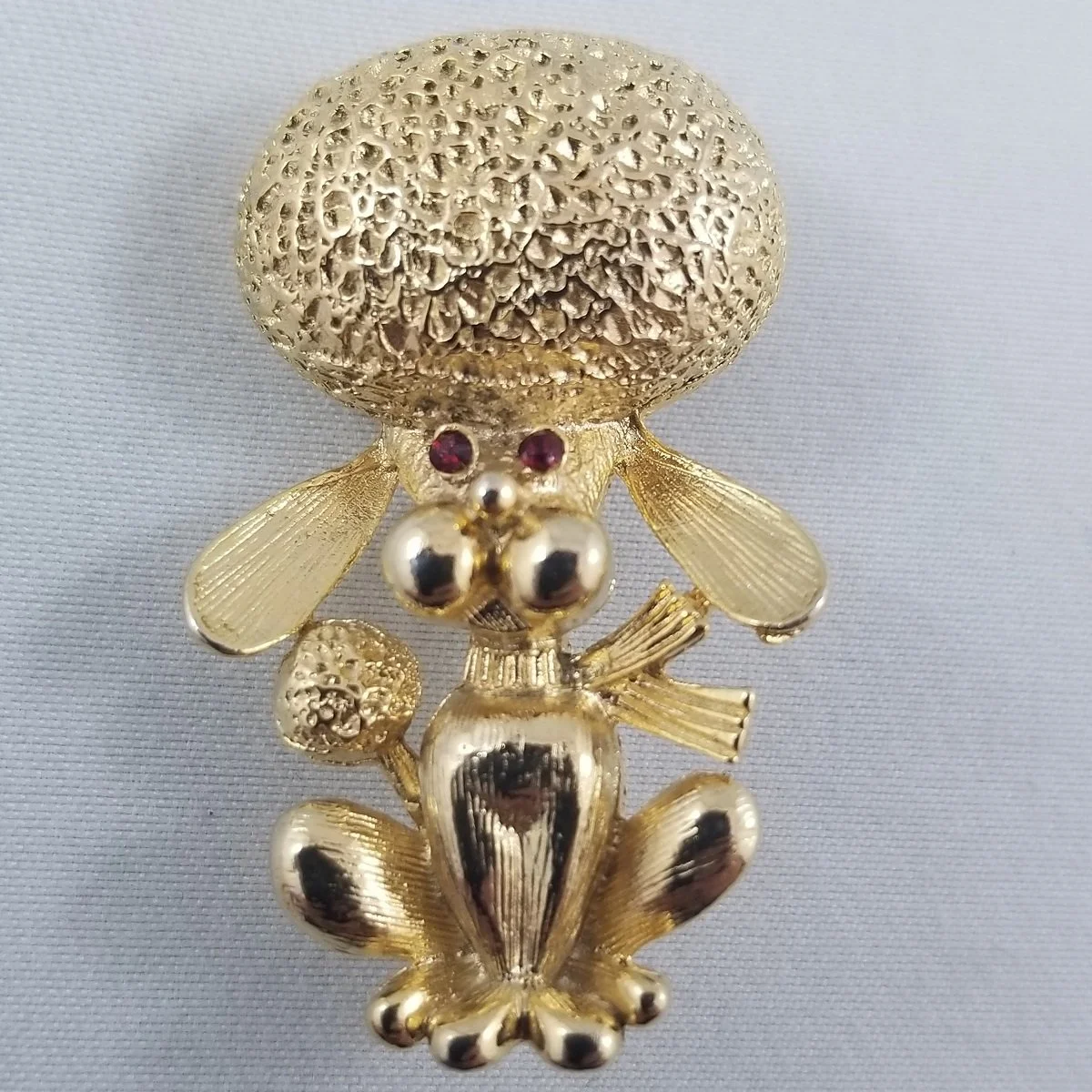 Posh French Poodle Nugget Textured Brushed Gold-tone Red Rhinestone Eye Brooch.jpg