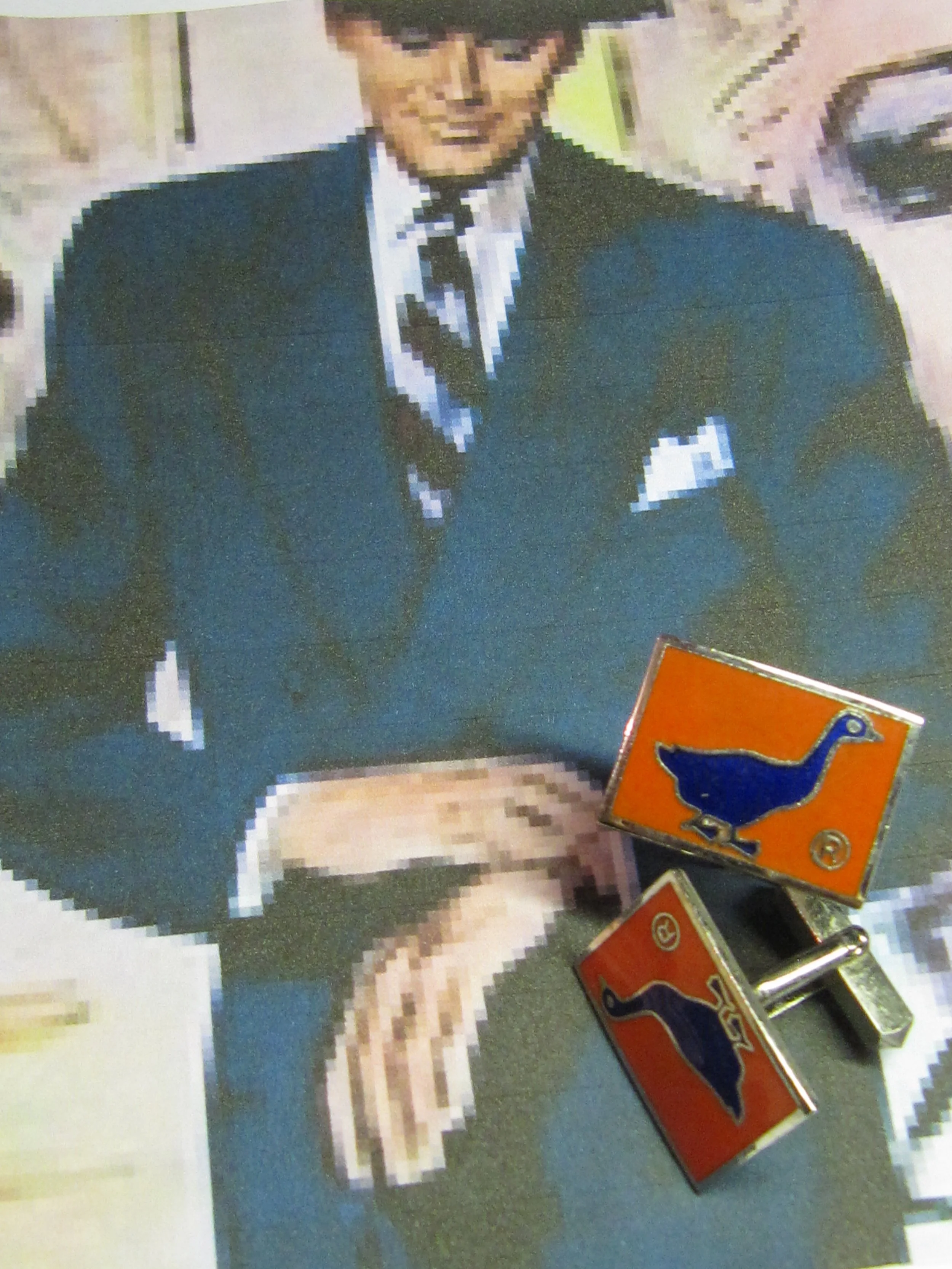 Japan Orange and Cobalt Inlay Enamel Duck Waddle Rectangular .875 Inch Silvertone Angled Post Cufflinks - Pose