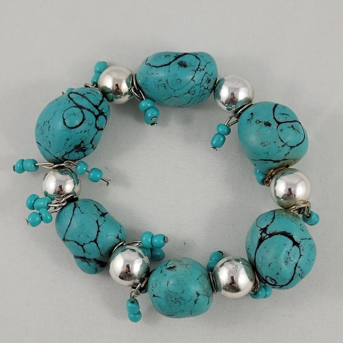 Turquoise Dyed Magnesite 20mm Stone Glass Seed Bead Dangle Silver-tone Accent Elasticized Stretch Bangle Bracelet.jpg