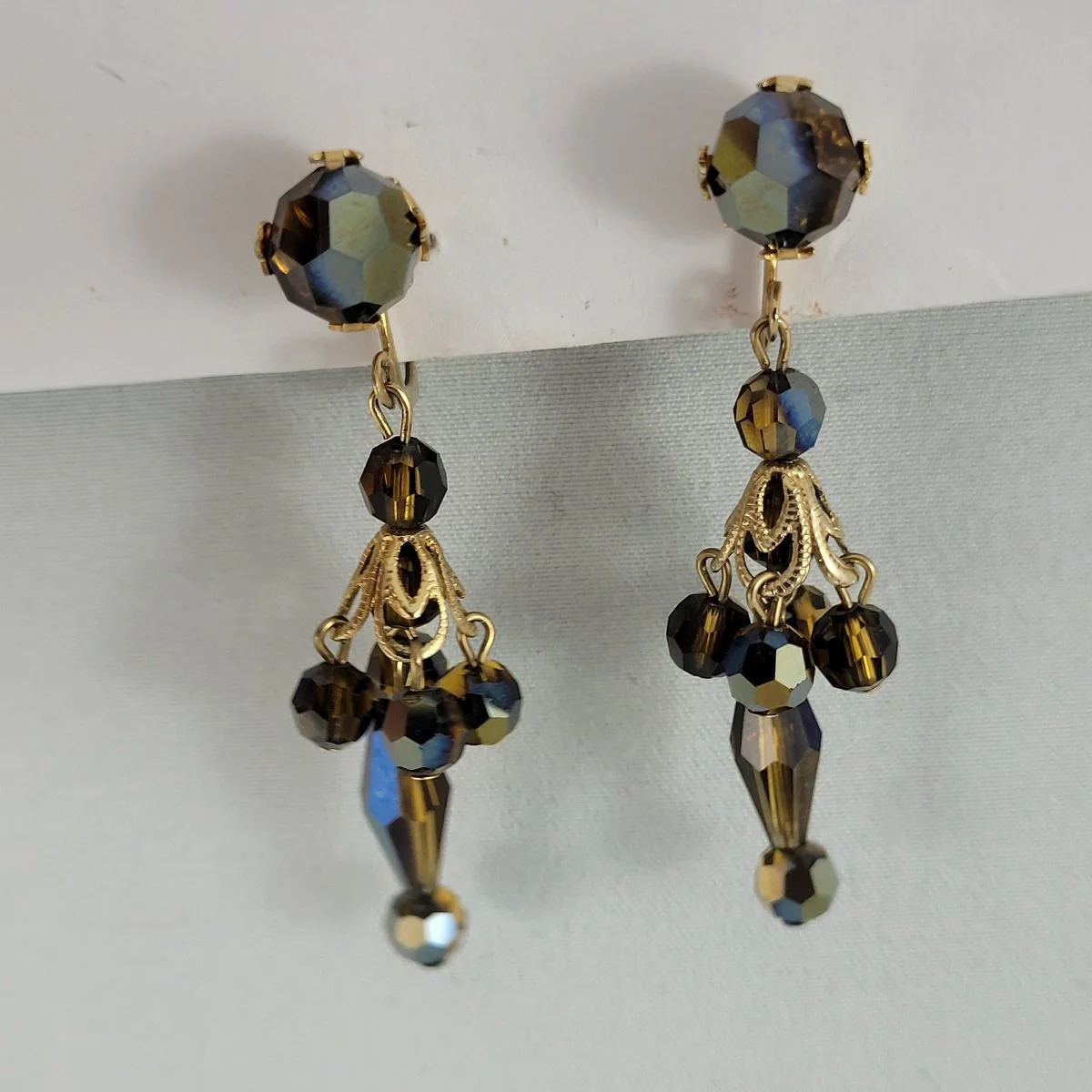 1960's Mirrored Brown Topaz Crystal Gold Filigree Faceted Bead Drop Dangle Clip-on Earrings.jpg