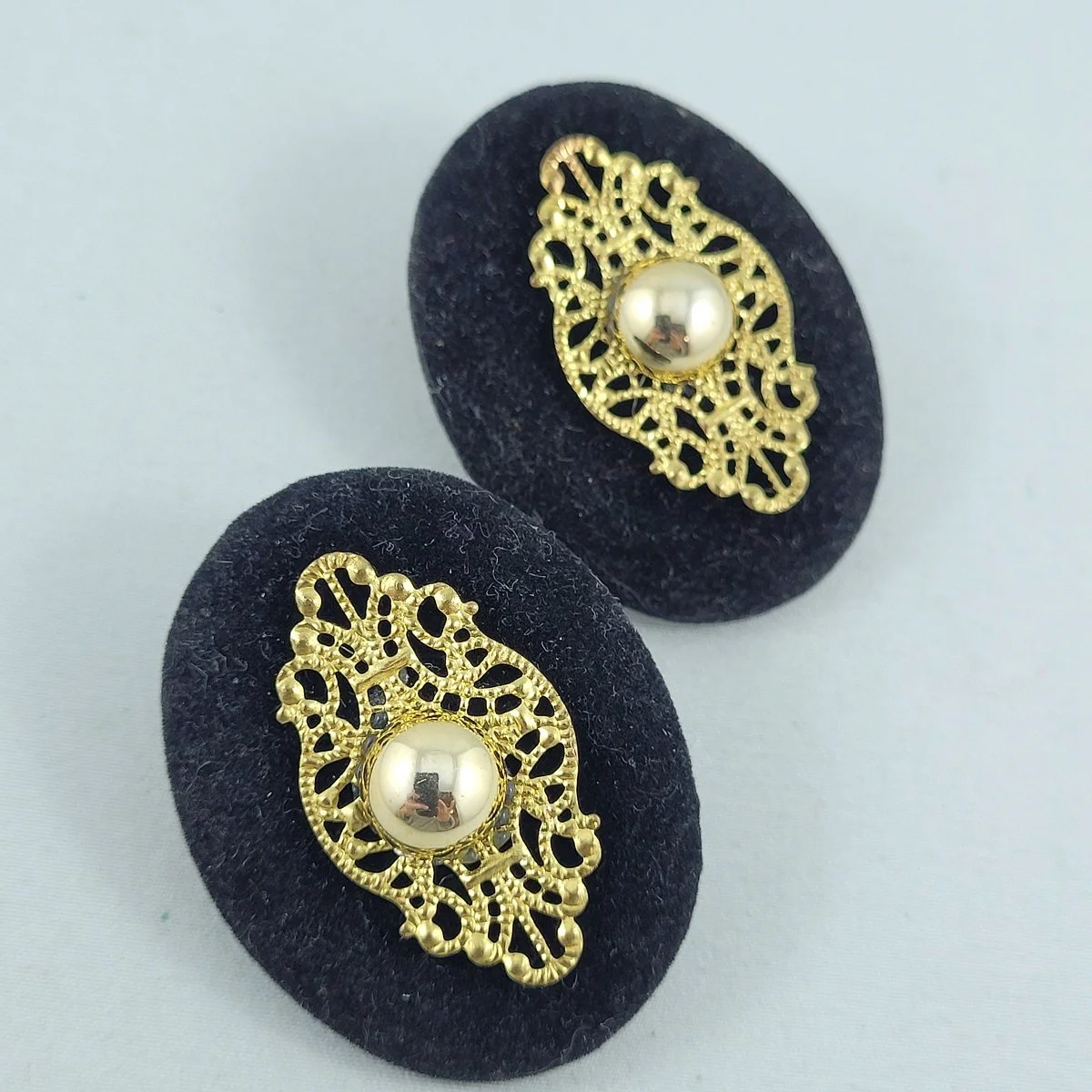 1990's Vintage Glam Black Velvet Wrap Gold Filigree Oval 1.875 Inch Pierced Earrings -2.jpg