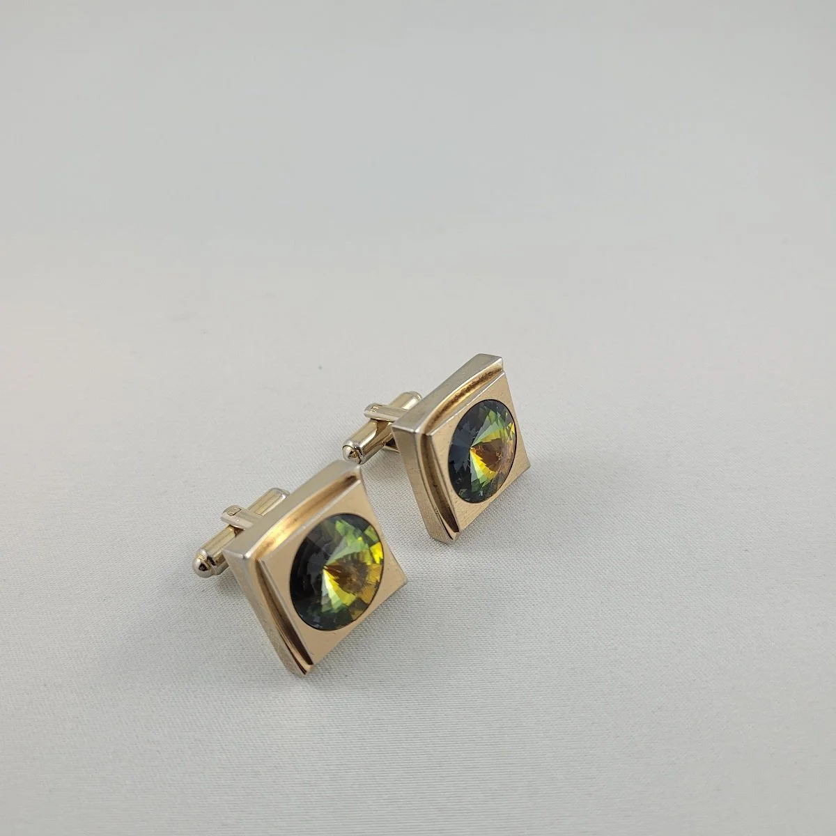 Modernist Olivine Watermelon Rivoli Austrian Crystal Square Cufflinks -1.jpg