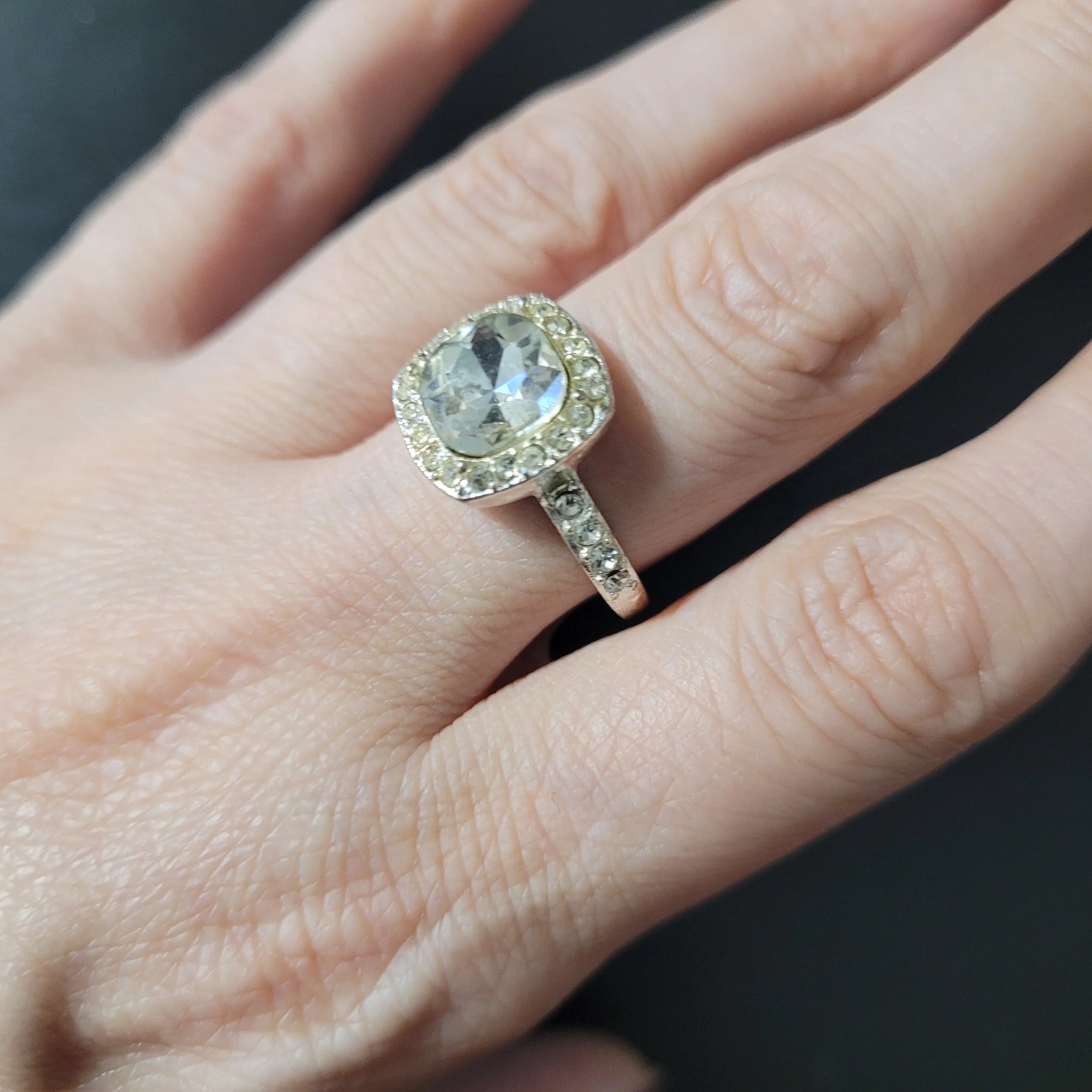 Art Deco Silver Plated Copper Engagement Cushion Cut Simulated Diamond Encrusted Ring Size 7.5 Side Display