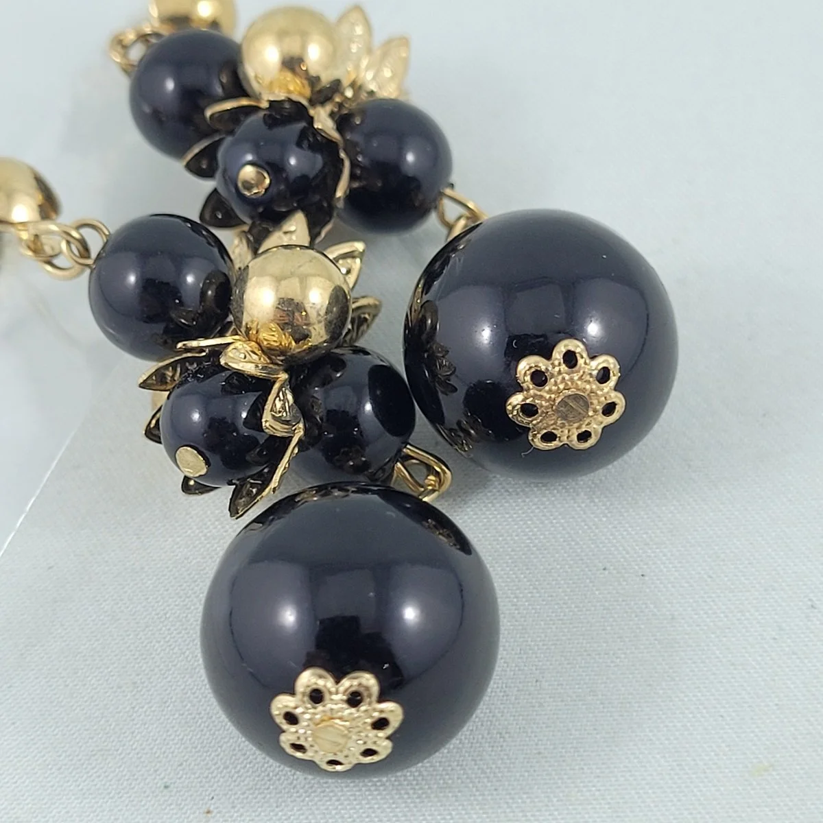 Black Bead Cluster 3 Inch Dangle Drop Pierced Earrings w Gold Accent -5.jpg