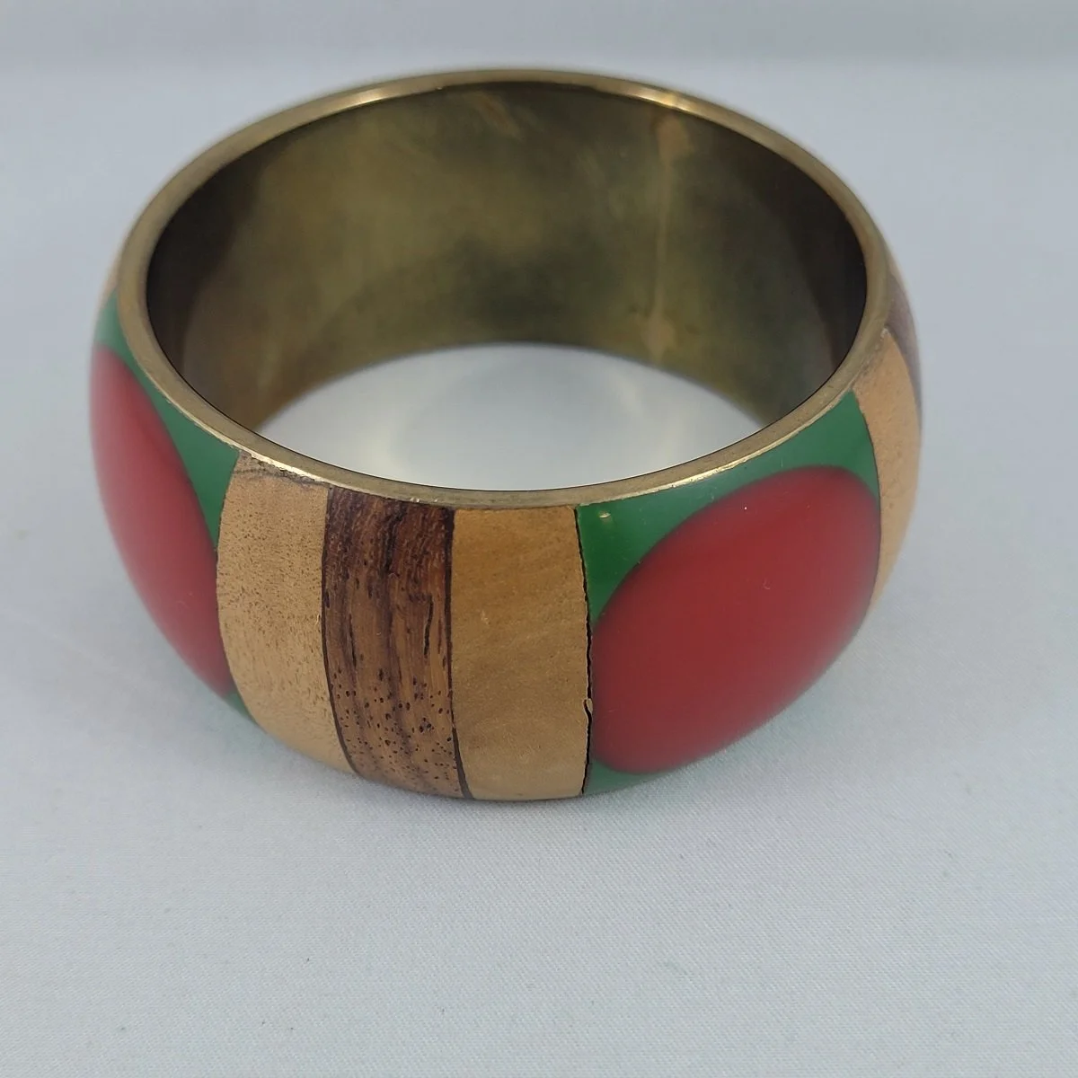 Art Deco Wood Panel Green Red Dot Laminated Resin Inlay Brass Domed Bangle Bracelet Top Side