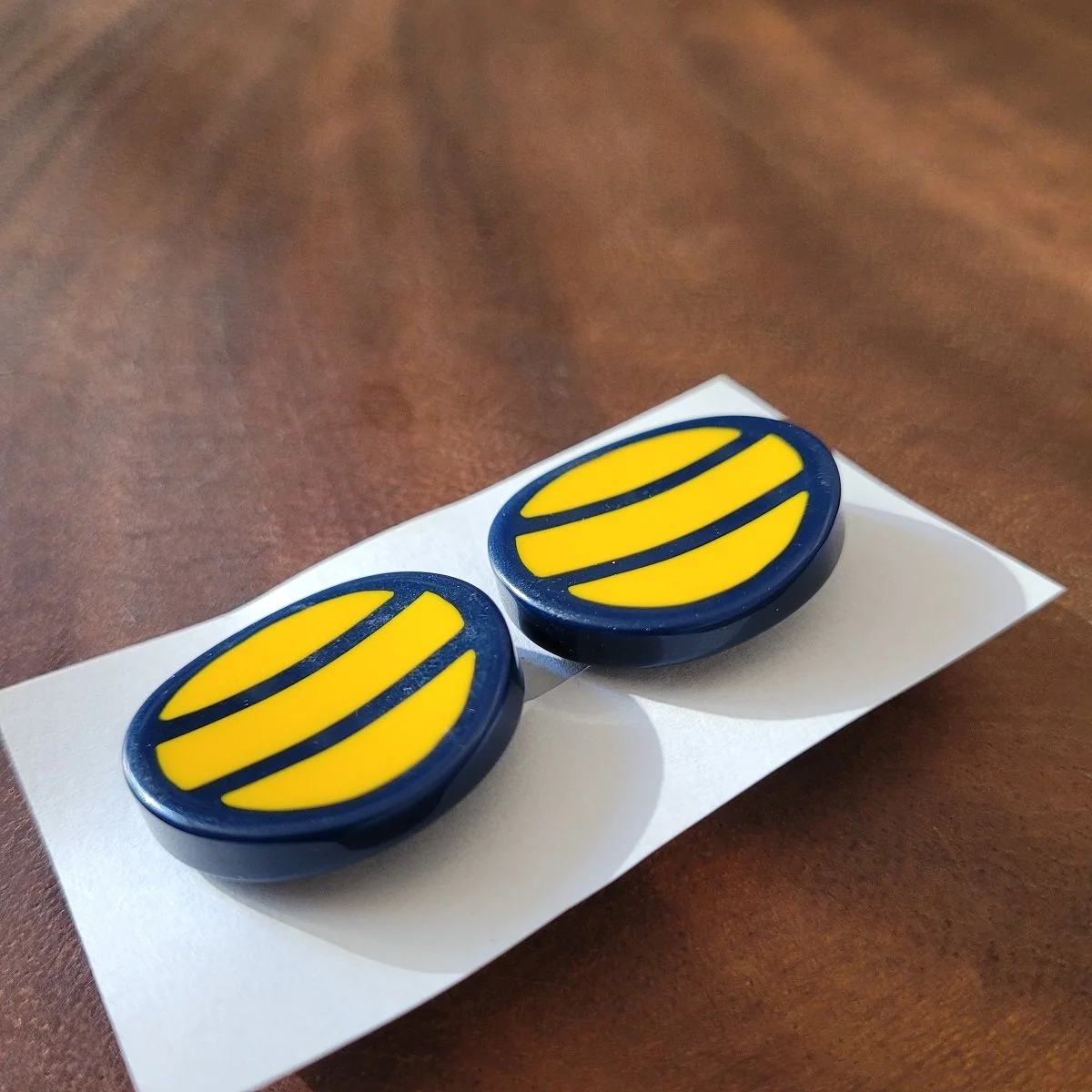 Guillemette L'Hoir Paris Attributed Nautical Concave Navy & Yellow Laminated Rhodoid Striped Clip-on Earrings François Schoenlaub -A.jpg