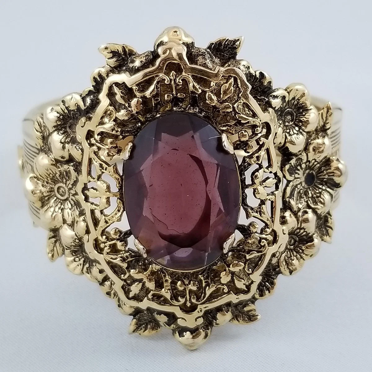 Gothic Revival Bangle Amethyst Glass Etched Scroll Gold-Tone Hinged Bracelet.jpg