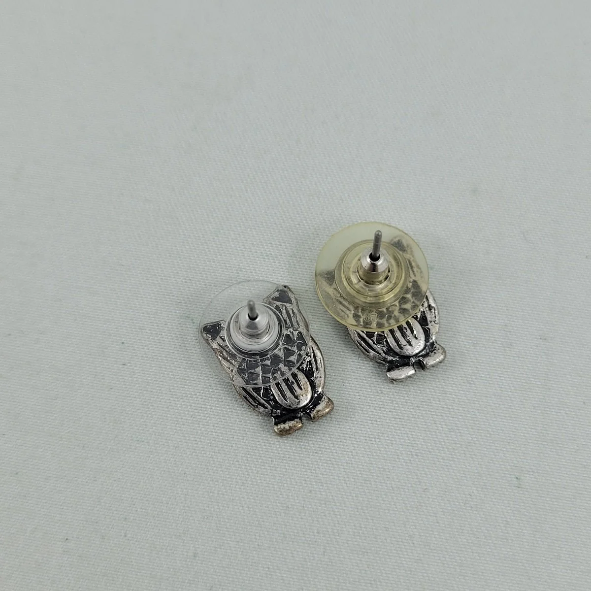 Antiqued Rustic Silver-tone Owl 14mm Pierced Earrings -1.jpg