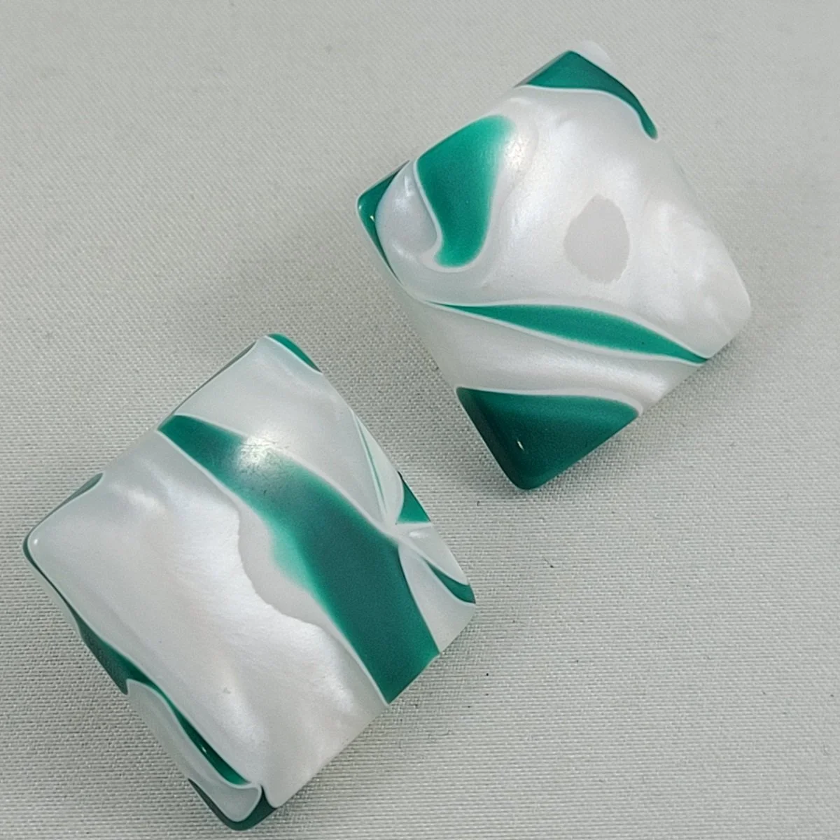 Marbled Pearlized Milky White Infused Emerald Green Swirl Lucite Square Pierced Earrings -1.jpg (Copy)