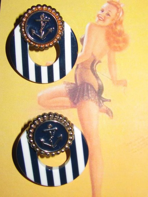 François Schoenlaub for Guillemette L'Hoir Paris 'Bauhaus Maritime' Navy White Wrapped Edge Stripe Anchor Flat Hoop Drop Multi-Plate Pierced Earrings -4.JPG (Copy)