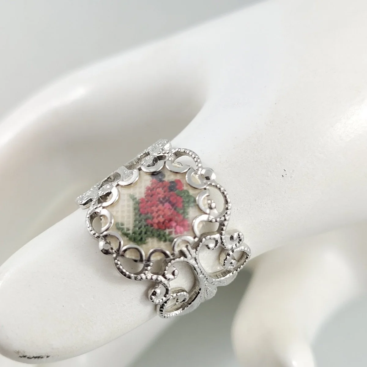 Victorian Style Hand Embroidered Needlework Encased Petit Point Red Rose Faux Marcasite Rhodium Plated Filigree Scroll Adjustable 15mm Ring -1.jpg