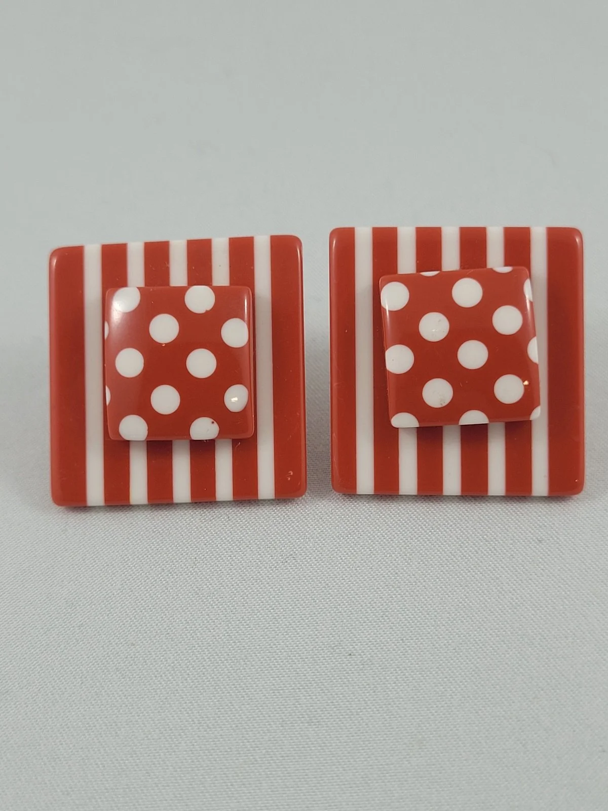 François Schoenlaub for Guillemette L'Hoir Paris 'Memphis Milano' Red White Polka Dot Wrapped Edge Stripe Multi-Plate Layered Square Pierced Earrings.jpg