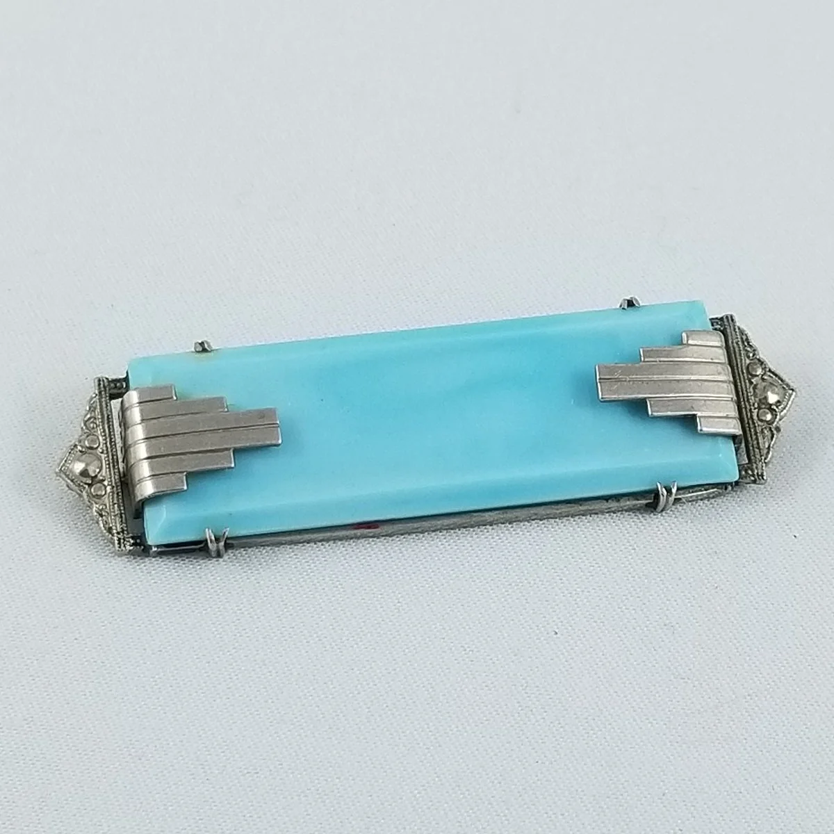 Art Deco 1920’s "Stair-Step" Geometric Blue Slag Glass Silver Bar Brooch