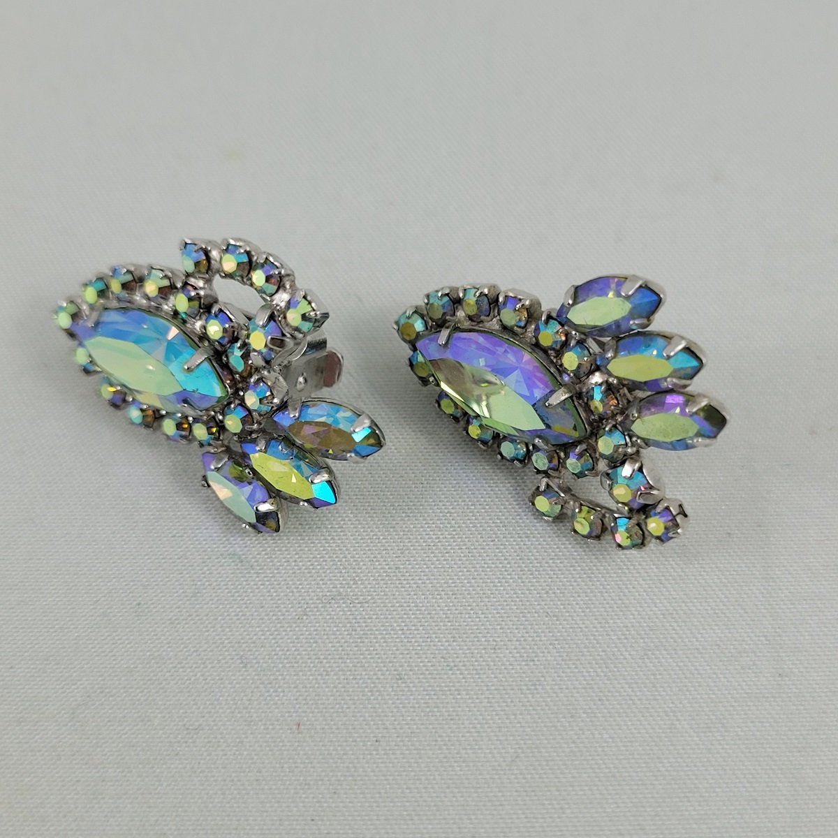Greenish-Blue Aurora Borealis Prong Set Navette Chaton Rhinestone Silver-tone Clip Earrings