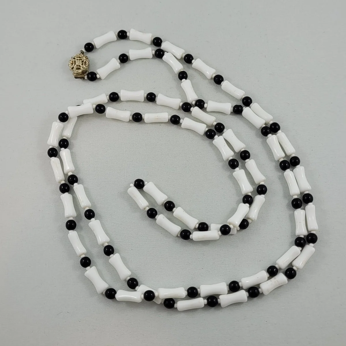 Milk Glass Bone Bead Black Round Glass Beaded 55 Inch Rope Necklace w Filigree Box Clasp -5.jpg