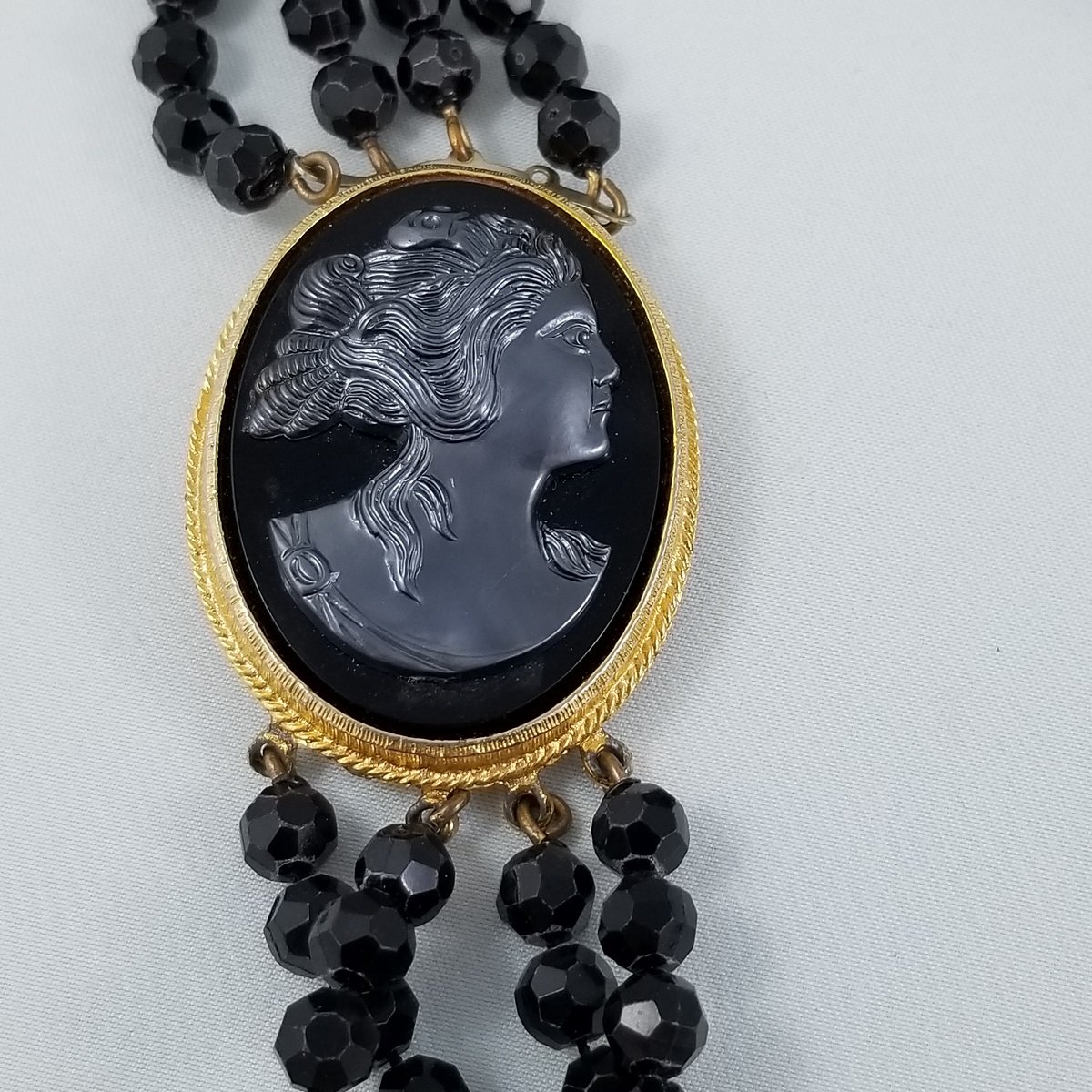 Mourning Style Gothic Simulated Hematite Cameo Multi-strand Gilt Necklace -1.jpg