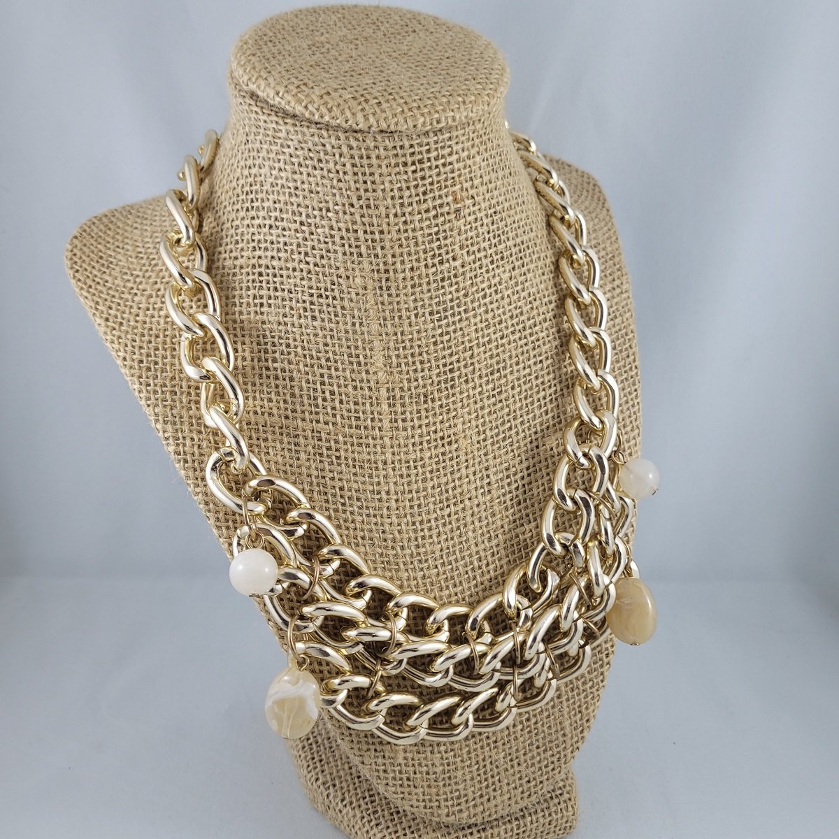 Hefty Gold Curb Chain Faux Citrine Stone Bead Adjustable Princess Bib Necklace