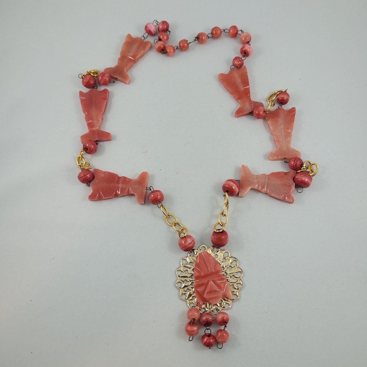 Boho Mexican 1970's Mayan Aztec Tribal Carved Mask Banded Coral Agate Stone Gold Filigree Pendant Round Totem Bead Wire Necklace