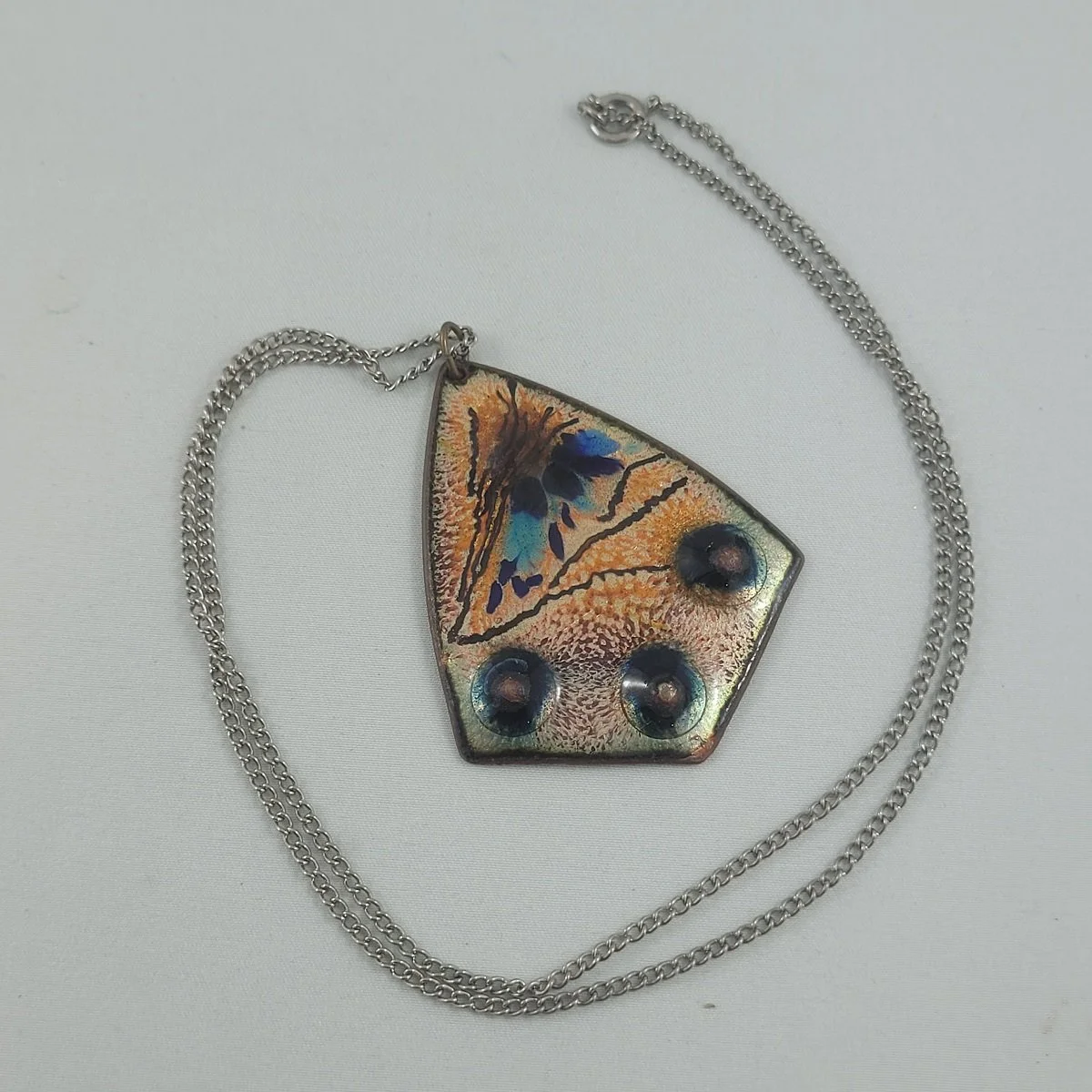 Artisan Double Sided Hammered Enameled Copper Abstract Pendant Silver-tone Curb Chain Necklace -3.jpg